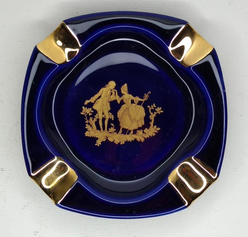 Cenicero De Porcelana Limoges Azul Cobaldo Y Oro En Perfecto