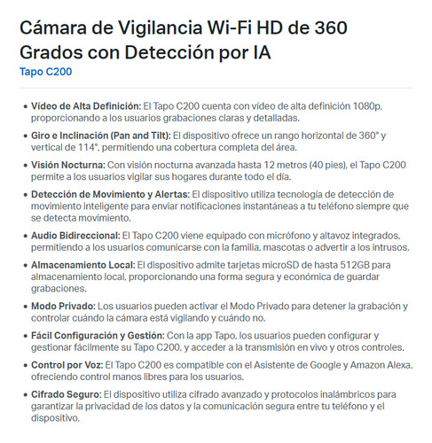 Cámara Vigilancia Ia Visión Nocturna Wi-fi 360° Tapo C200