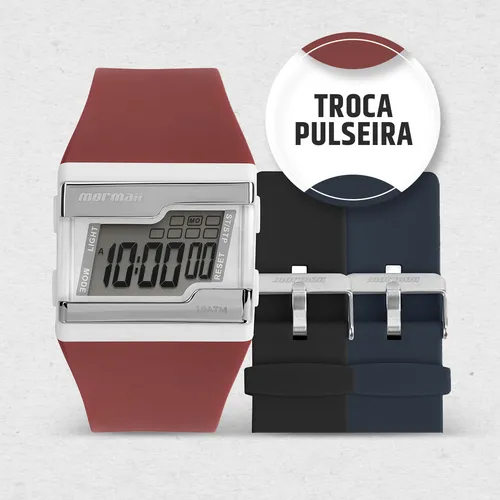 Relógio Digital Troca Pulseiras Com Kit Pulseira Em Silicone Na Cor Vermelho, Preto E Azul À Prova D' Água Resistência 10 Atm Com Cronômetro, Alarme, Calendário E Iluminação Noturna - Fzn/t8n Mormaii