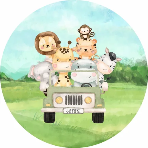 comprar Painel Festa Redondo Tecido Sublimado Safari Aquarela Jipe 2