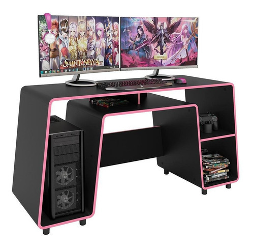Mesa Gamer London 1 Prateleira Preto/rosa - Politorno Cor Preto