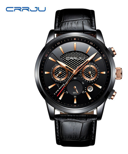 Cronógrafo de couro analógico luminoso Crrju para homens, cor de fundo: preto/rosa dourado