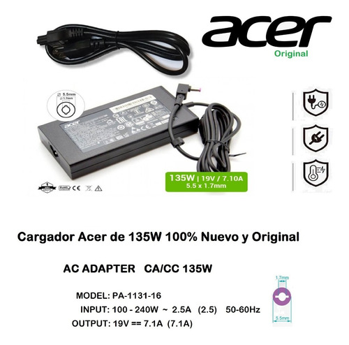 Cargador Acer Nitro An515-51-77v5 19v-7.1a 135w