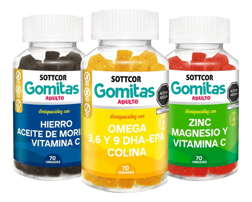 Pack Hierro + Omega + Zinc 100g Para Adultos Gomitas Sottcor