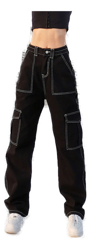 Pantalones Rectos Tipo Cargo, Cintura Alta, Vaqueros Caqui H
