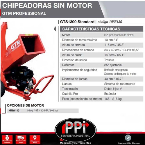 Imagen 2 de 4 de Chipeadora Trituradora Gtm Gts 1300 Moron + Motor 13 Hp Ppi