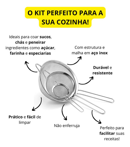 Kit 3 Peneiras Aço Inox Coador 8cm 10cm E 12cm Filtro Café