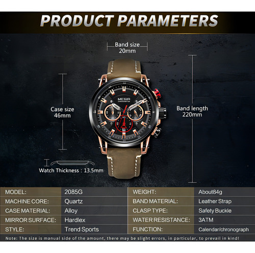 Reloj Cronógrafo De Cuero Impermeable Megir Quartz Color Del Bisel Negra/plateado