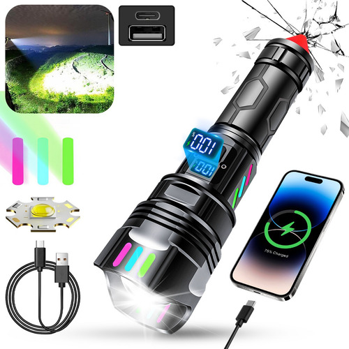 SUZWIP Lámpara Táctica 300000lm 4 En 1 Con Power Bank Y RGB LED USB Recargable Lámpara Linterna 5 Modos Negro Ultra Potente luz Impermeable Portátil