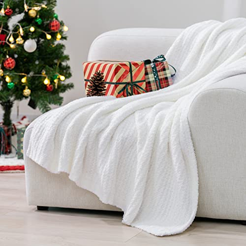 Super Soft White Waffle Knit Throw Blanket For Couch, C...