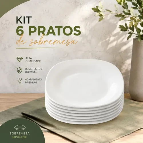 Jogo De Pratos De Sobremesa 6 Peças Opaline Porcelana Quadrado Fundo Restaurante Hotel Mesa Posta Dia a Dia Resistente 21cm Liso Branco AmgrAngels