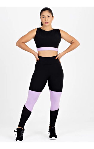 Cropped + Calça Legging Preto Com Lilás Conjunto Metamorfose