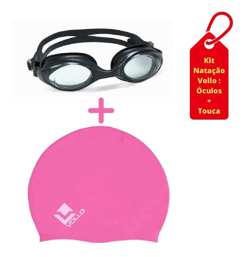 Óculos De Natação Preto Vollo+touca De Natação Rosa Silicone