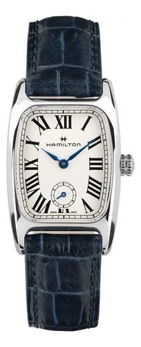 Reloj Hamilton American Classic Boulton Small Second Quartz Correa Azul Bisel Plateado Fondo Blanco
