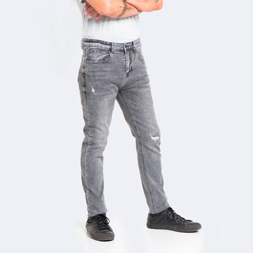 Jeans Hombre Slim Gris Focalizado Suave Con Destroyer