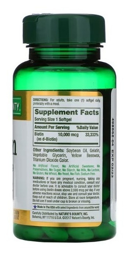 Imagen 2 de 4 de Nature's Bounty Biotina, 10000 Mcg, Suplemento Que Ayuda A Mantener El Cabello, La Piel Y Las Uñas Saludables, Y El Metabolismo Energético, Cápsulas Blandas De Liberación Rápida,