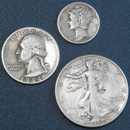 3 Monedas Plata 1944 Dime 10c 25c 50 Cent Wwii Coleccion Ko8