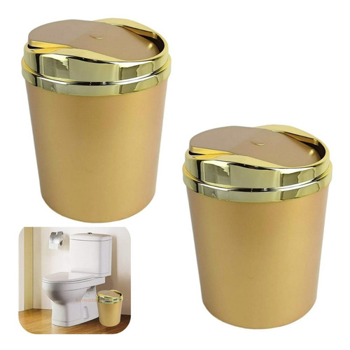 Kit 2 Lixeira 5l Cesto De Lixo Basculante Dourado Banheiro Cor Dourado