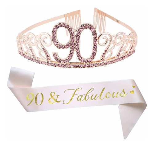 Tiara Y Faja Rosa De 90 Cumpleaños Y Fabulosa Faja De Satén 