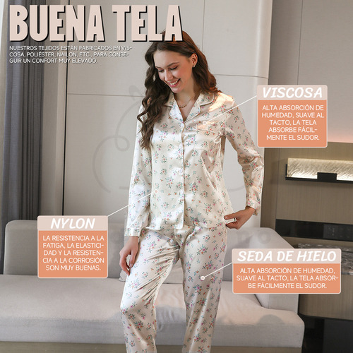 Pijama De Mujer Blanco Con Flores Mangas Largas De Seda