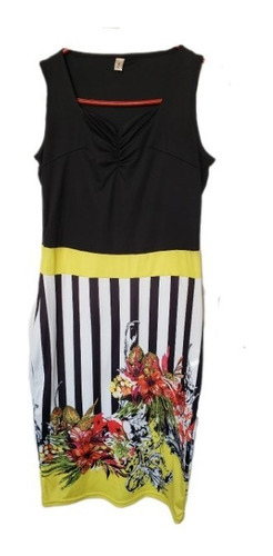 Fresco Y Juvenil Vestido Negro Con Franjas Y Flores. Talla L