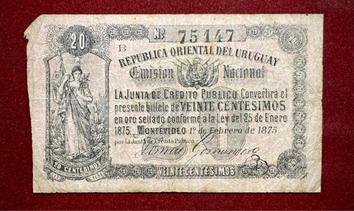Billete 20 Centésimos Uruguay 1875 Pick 116 A.2 Gomensoro