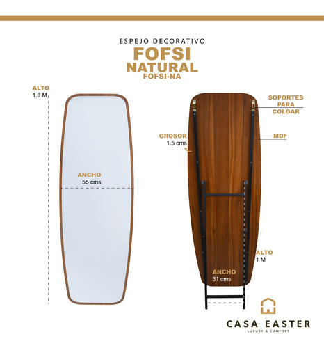Espejo De Cuerpo Completo 165cm Alto, Mod. Fofsi Natural