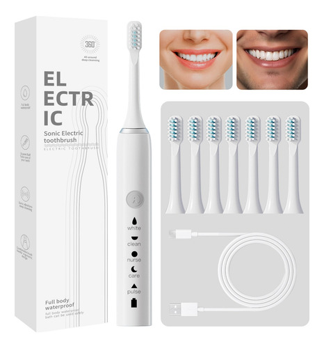 Cepillo Dental Electrico Recargable 8 Cabezales 5 Modo Blanco
