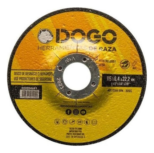 Disco Desbaste Amoladora 4.5´´ 115mm X 6.4 Dogo X10 Unidades