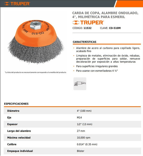 Cepillo Copa Alambre Rizado Esmeril Amoladora 100mm Truper