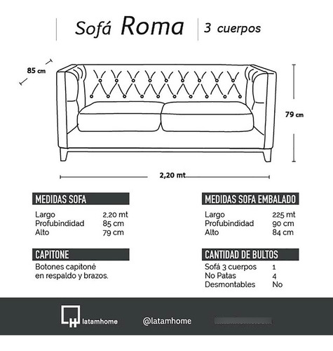 Sofa Roma 3 Cuerpos Lino - Latam Home