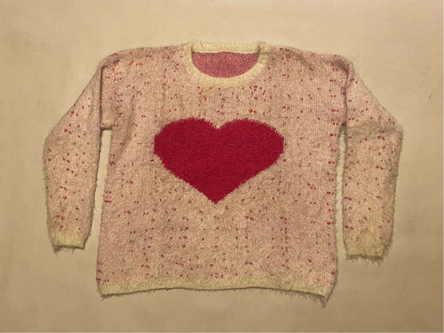 Sweater Pullover Corazón Peluche Blanco Y Rosa