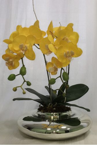Arranjo C/2 Orquídeas Silicone Amarela + Vaso Espelhado | Parcelamento sem  juros