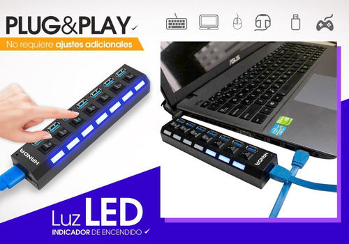 Imagen 7 de 10 de Hub Usb 3.0 Multiplicador 7 Teclas Led 5 Gbps + Fuente 5v