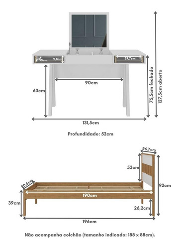 Cama de Solteiro para Colchão 88 x 188 cm com Penteadeira 131,5cm Multimóveis CR35247 Amêndoa/Branco