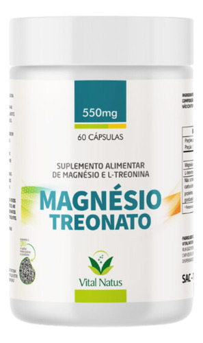 Magnésio Cerebral L-treonina 550mg - Vital Natus 60cps. Sabor Sem Sabor
