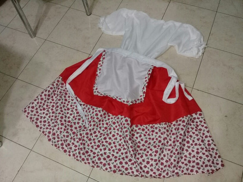 Pollera Rojo Floreada Con Blusa Y Delantal Paisana