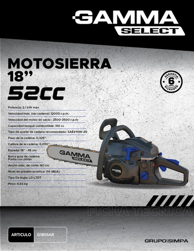 Motosierra Gamma 52cc Espada 45cm G1855 Select Gris Oscuro