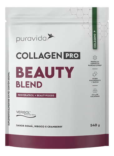 Collagen Pro Beauty Blend 540g - Pura Vida Sabor Romã, Hibisco E Cranberry