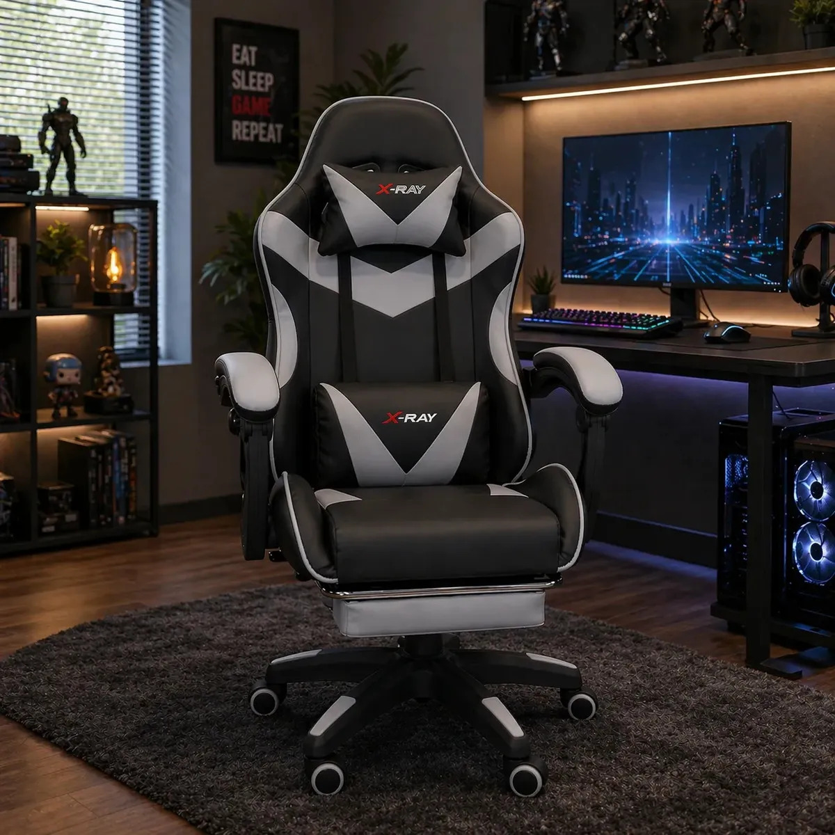 Cadeira Gamer X-ray Ergonomica Estofado De Couro Sintético Cor Cinza