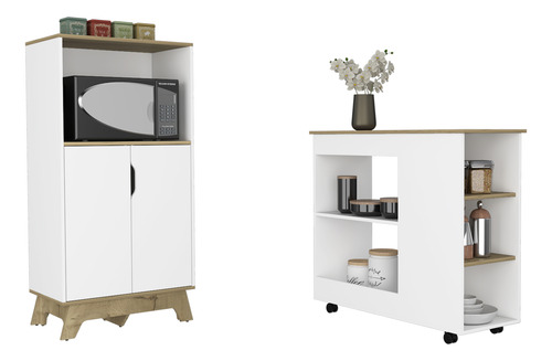 Mueble Microondas Bajo + Meson Cocina Ruedas - Blanco/duna