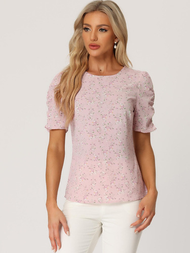 Blusa Floral Mujer Camisa Fruncida Tops Con Cuello Redondo