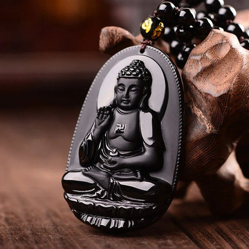 Collar Con Amuleto De La Suerte De Buda Tallado En Obsidiana