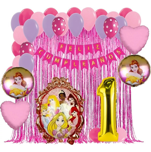 Kit Globos Princesas Decoracion Rosado Cortina Numero 