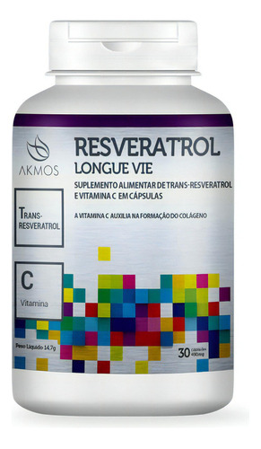 Resveratrol Longue Vie Suplemento 30 Cápsulas Akmos Sabor Sem Sabor