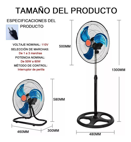 Ventilador Pedestal Piso Pared 3en1 Con 3 Aspas 18 Pulgadas 50 Cm 3