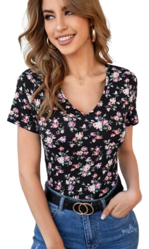 Blusa Con Estampado Floral Casual Negro