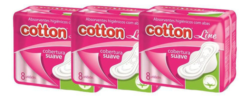 Absorvente Higiênico Feminino Cotton Line 8u Suave Kit 3
