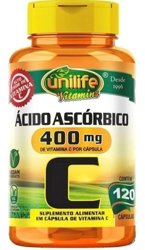Vitamina C Ácido Ascórbico 120 Cápsulas Unilife Sabor Sem sabor