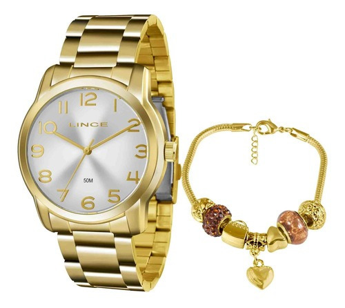 Relógio Lince Feminino Dourado Lc06 Original C/ N.f Cor do fundo Prata